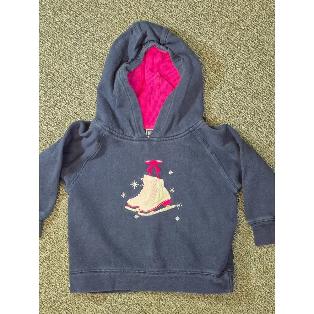 Baby GAP Toddler 2 Years Navy Hoodie Pink Ice Skates Embroidered Fleece Sweater